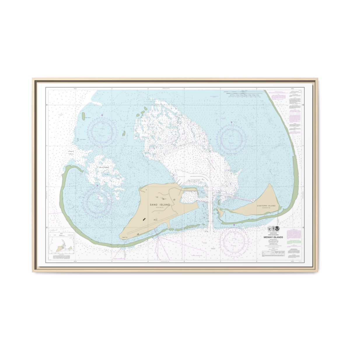 Chart 19482 Hawaiian Islands Midway Islands - NOAA Nautical Chart Floating Frame Canvas | 30" x 20" | 36" x 24" | 48" x 32" - Natural front