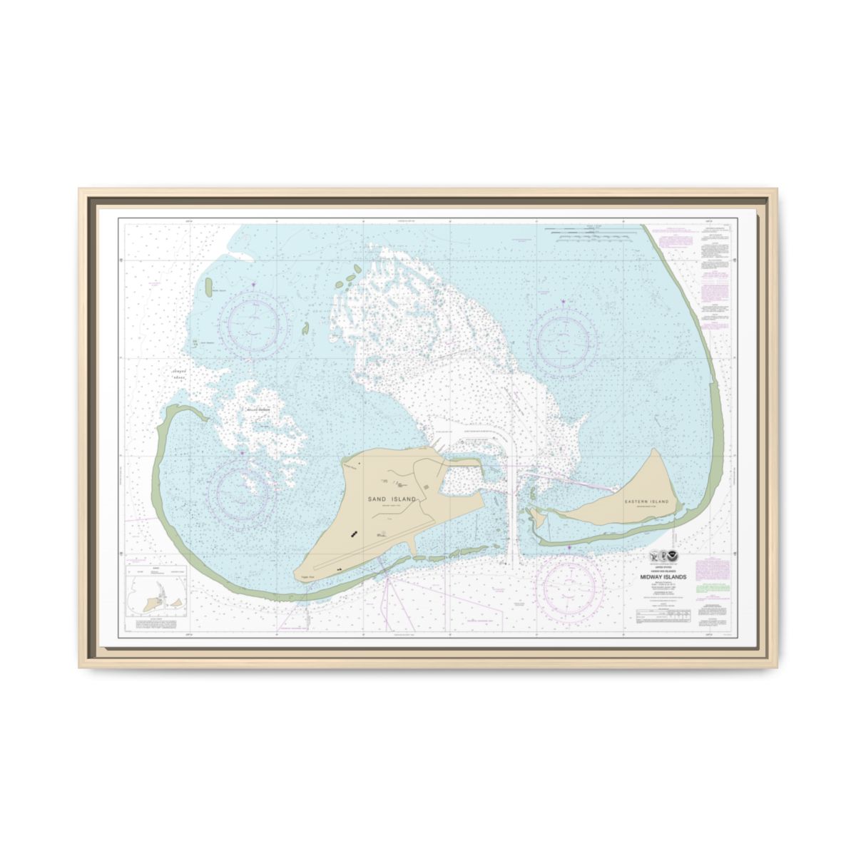 Chart 19482 Hawaiian Islands Midway Islands - NOAA Nautical Chart Floating Frame Canvas | 30" x 20" | 36" x 24" | 48" x 32" - Natural front