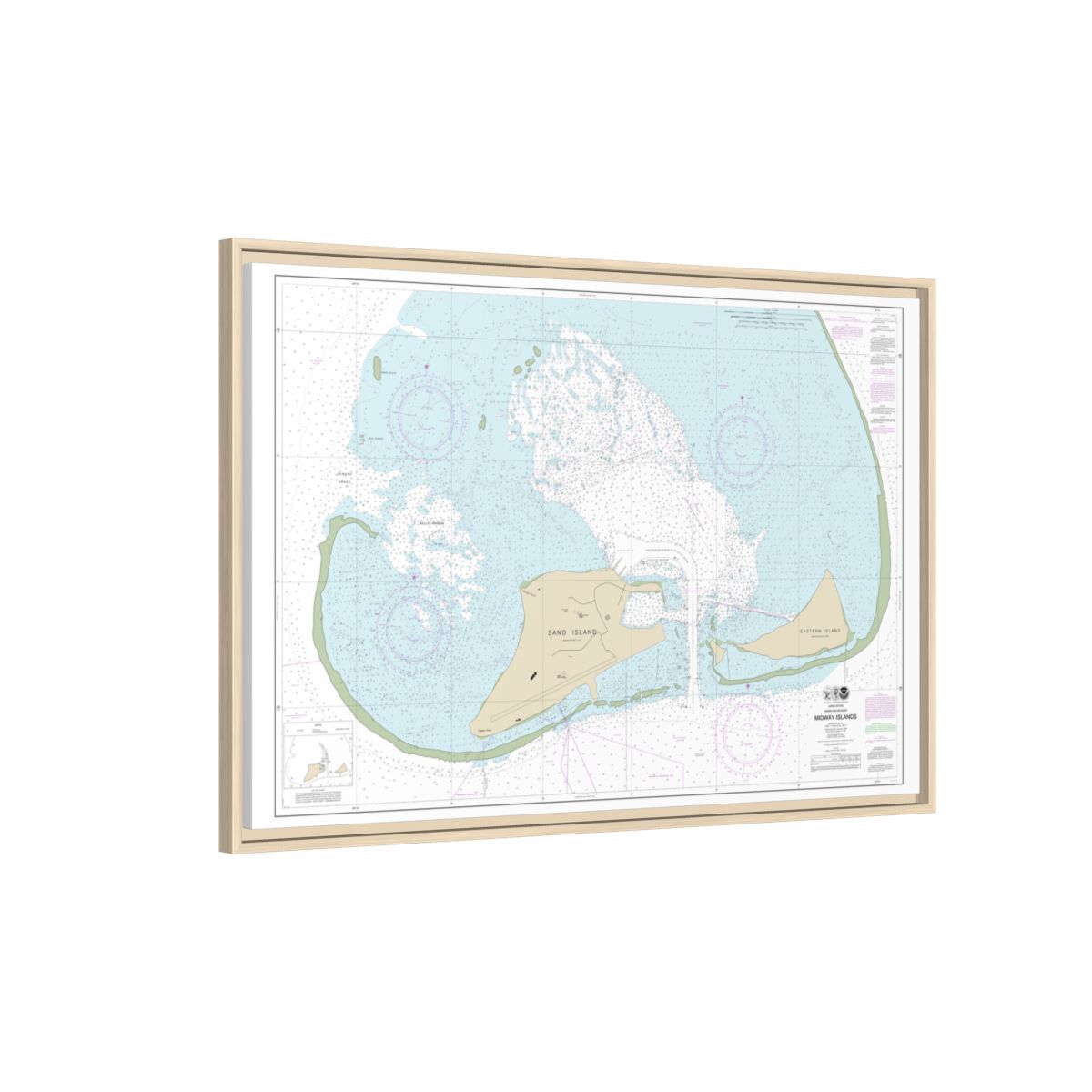 Chart 19482 Hawaiian Islands Midway Islands - NOAA Nautical Chart Floating Frame Canvas | 30" x 20" | 36" x 24" | 48" x 32" - Natural side