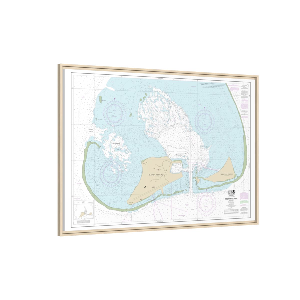 Chart 19482 Hawaiian Islands Midway Islands - NOAA Nautical Chart Floating Frame Canvas | 30" x 20" | 36" x 24" | 48" x 32" - Natural side