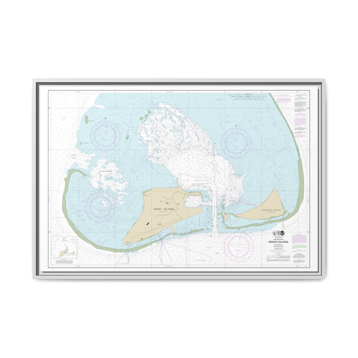 Chart 19482 Hawaiian Islands Midway Islands - NOAA Nautical Chart Floating Frame Canvas | 30" x 20" | 36" x 24" | 48" x 32" - White front