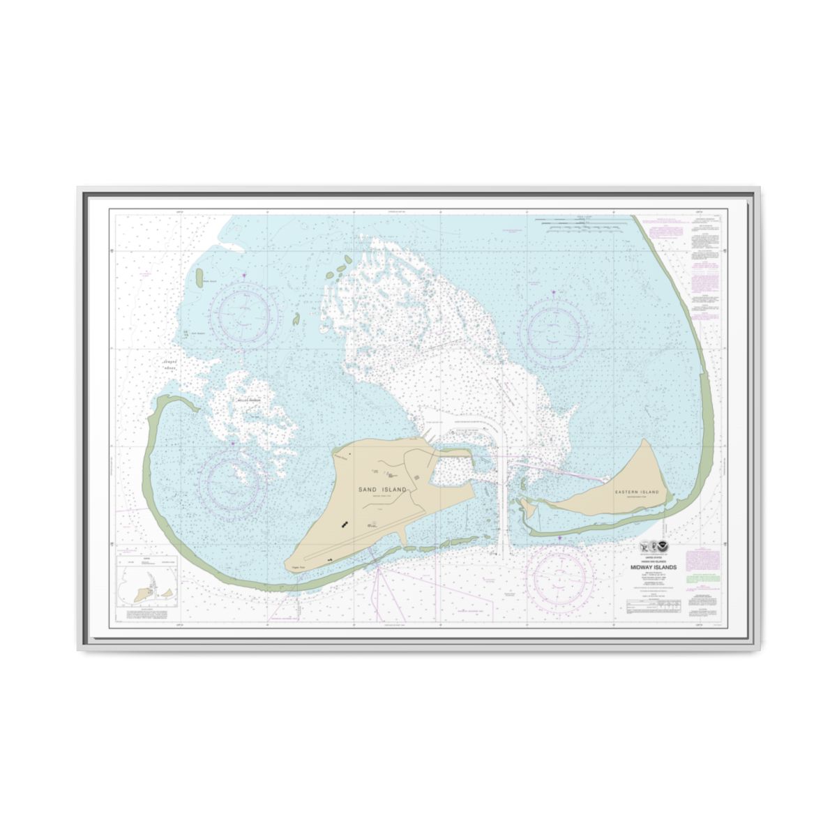 Chart 19482 Hawaiian Islands Midway Islands - NOAA Nautical Chart Floating Frame Canvas | 30" x 20" | 36" x 24" | 48" x 32" - White front
