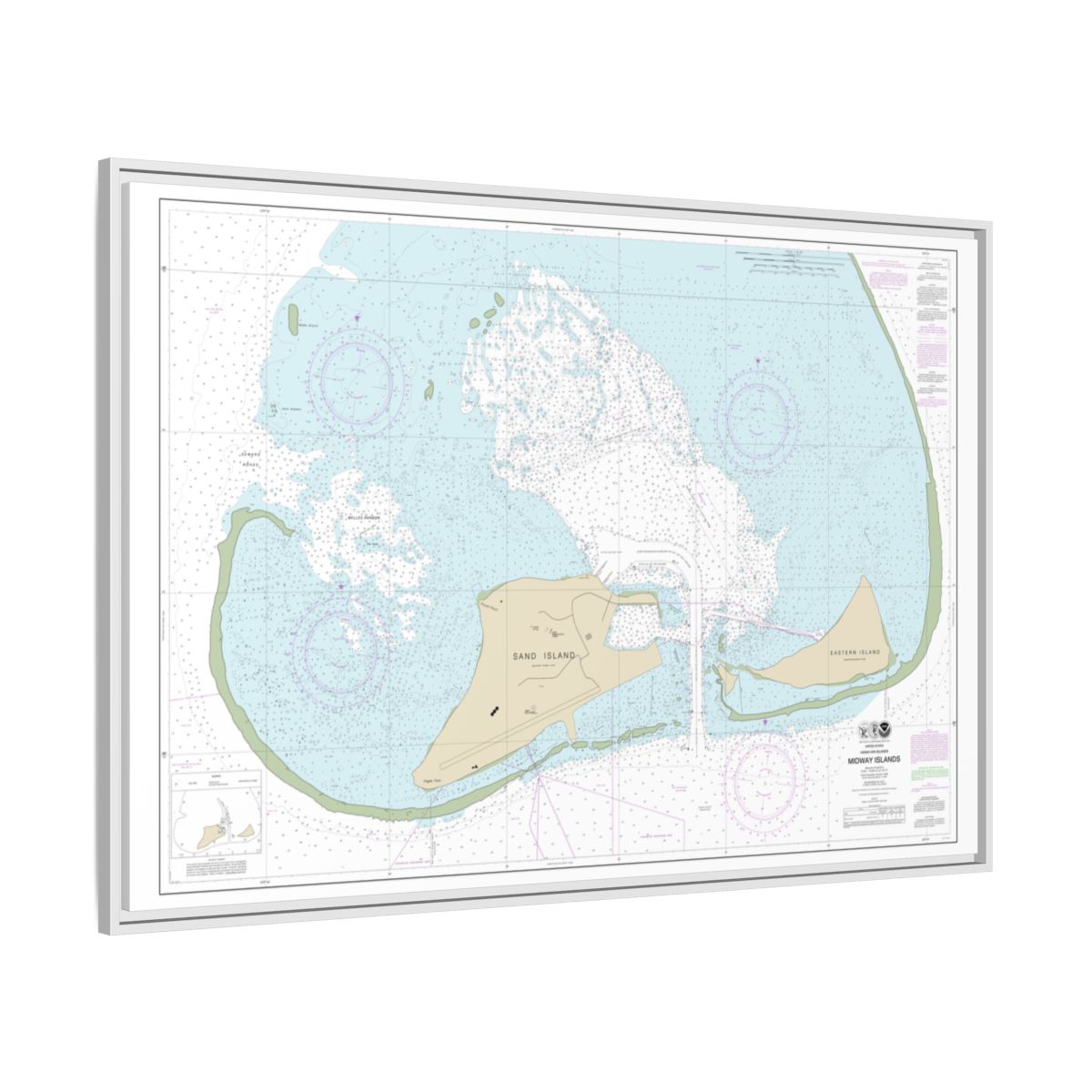 Chart 19482 Hawaiian Islands Midway Islands - NOAA Nautical Chart Floating Frame Canvas | 30" x 20" | 36" x 24" | 48" x 32" - White side