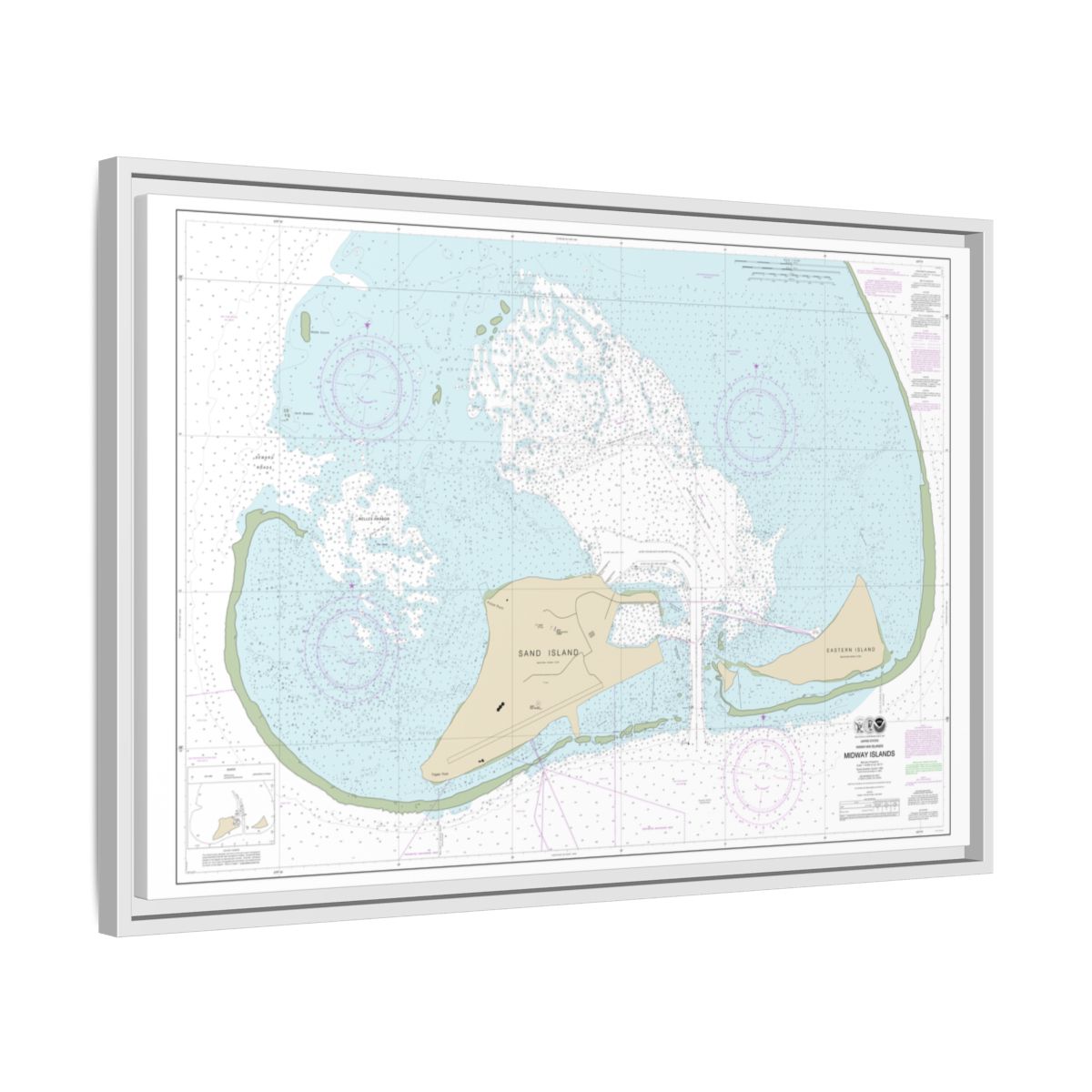 Chart 19482 Hawaiian Islands Midway Islands - NOAA Nautical Chart Floating Frame Canvas | 30" x 20" | 36" x 24" | 48" x 32" - White side