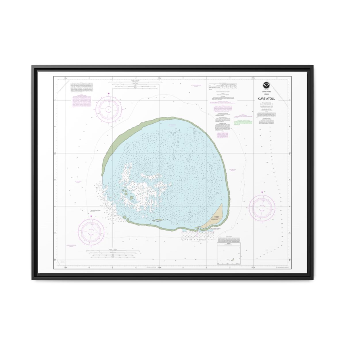 Chart 19483 Hawaii Kure Atoll - NOAA Nautical Chart Floating Frame Canvas | 32" x 24" | 40" x 30" - Black front
