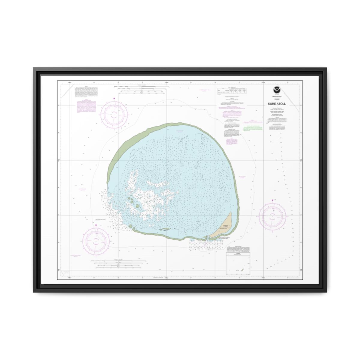 Chart 19483 Hawaii Kure Atoll - NOAA Nautical Chart Floating Frame Canvas | 32" x 24" | 40" x 30" - Black front