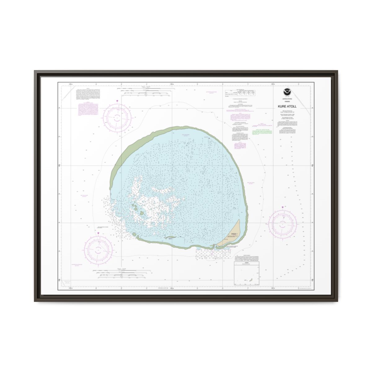 Chart 19483 Hawaii Kure Atoll - NOAA Nautical Chart Floating Frame Canvas | 32" x 24" | 40" x 30" - Espresso front