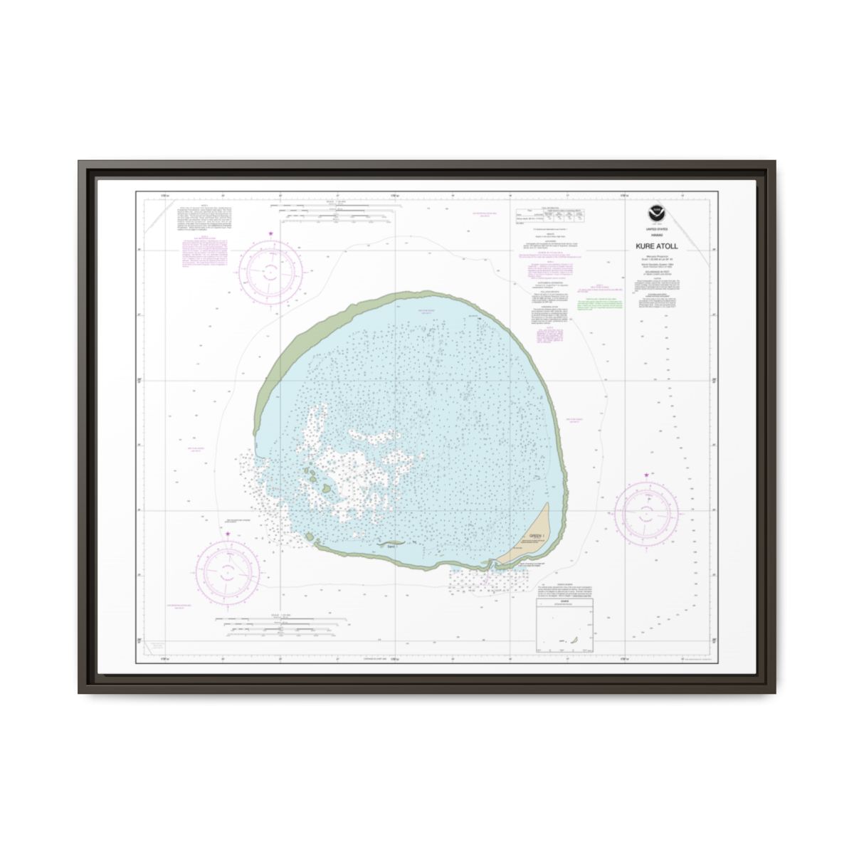 Chart 19483 Hawaii Kure Atoll - NOAA Nautical Chart Floating Frame Canvas | 32" x 24" | 40" x 30" - Espresso front