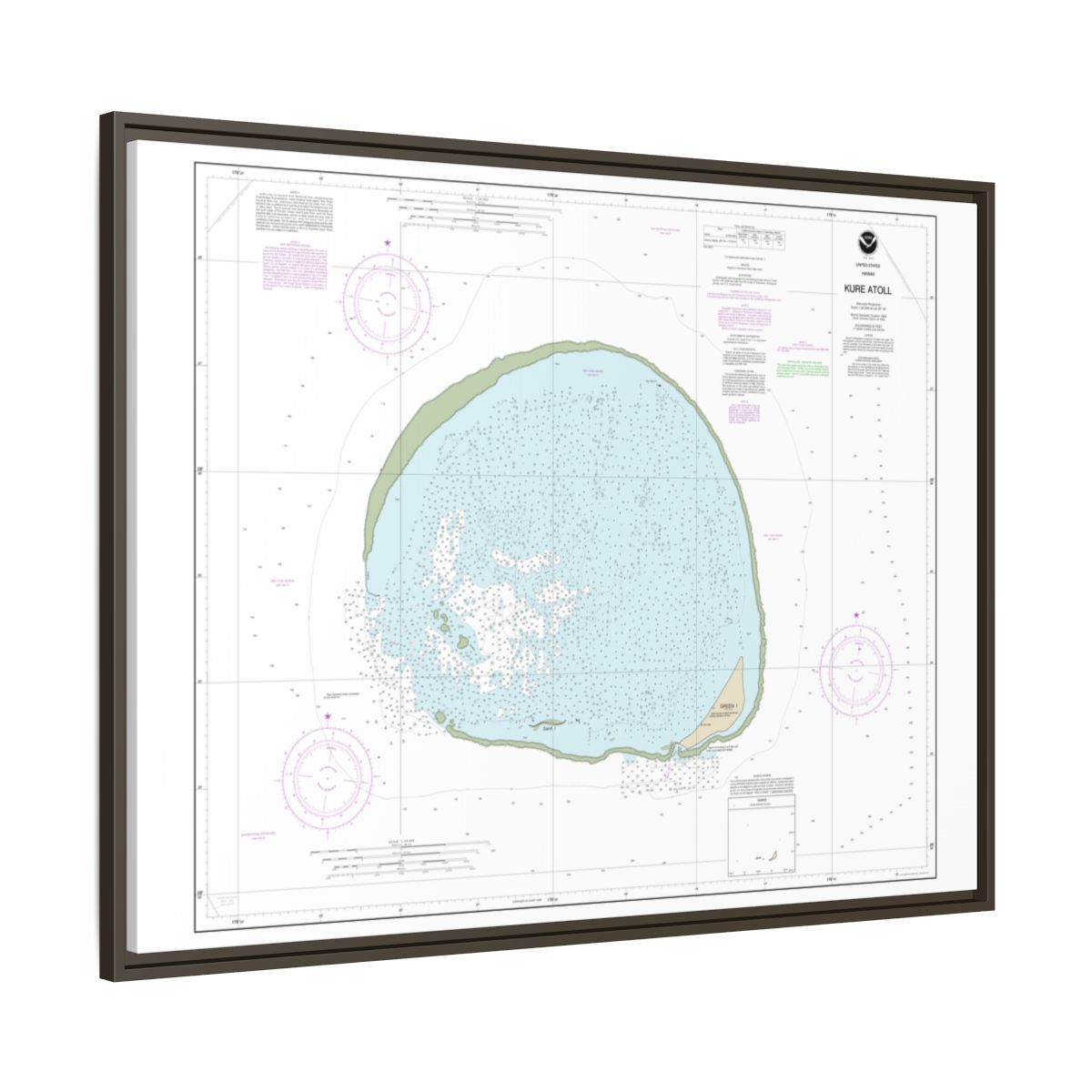 Chart 19483 Hawaii Kure Atoll - NOAA Nautical Chart Floating Frame Canvas | 32" x 24" | 40" x 30" - Espresso side