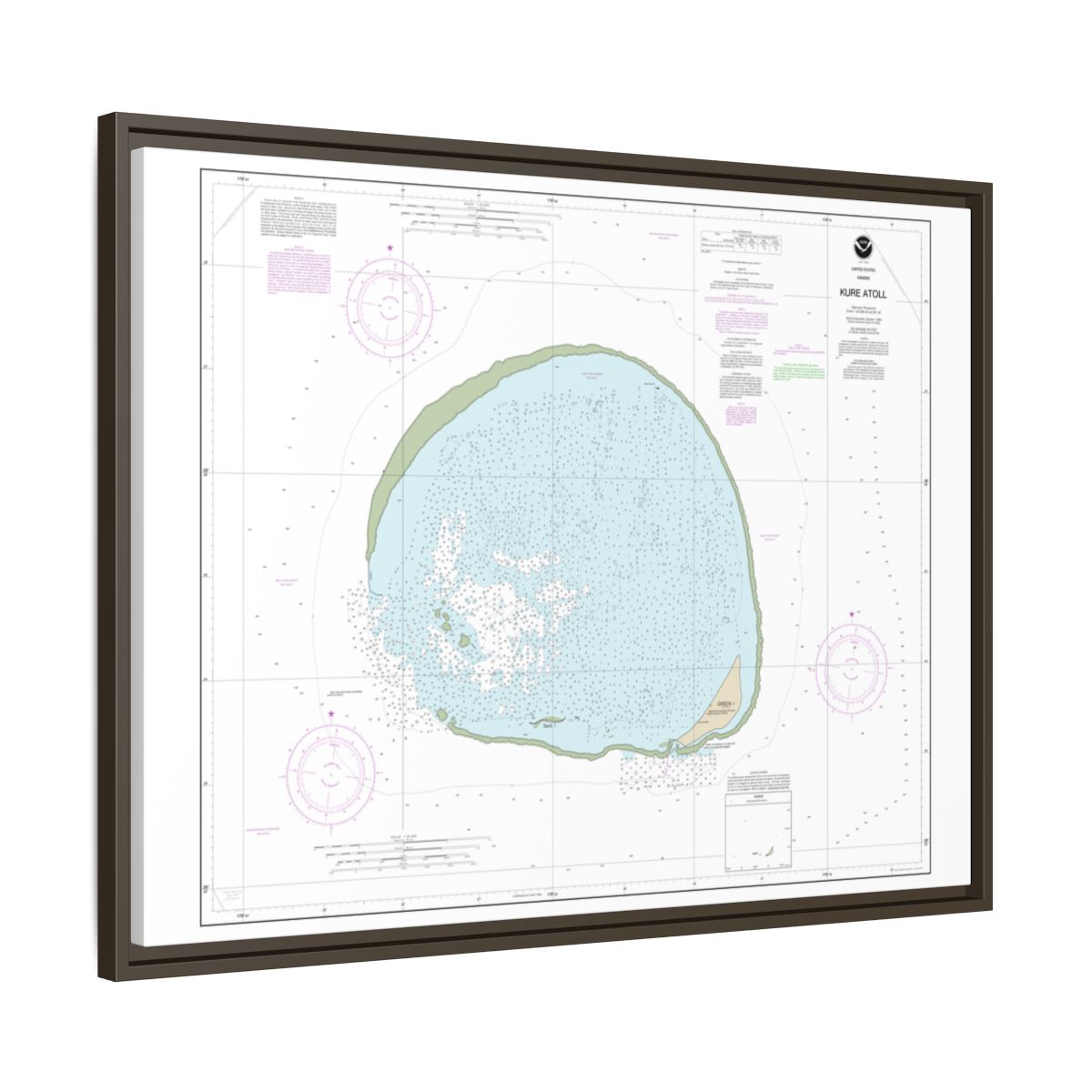 Chart 19483 Hawaii Kure Atoll - NOAA Nautical Chart Floating Frame Canvas | 32" x 24" | 40" x 30" - Espresso side