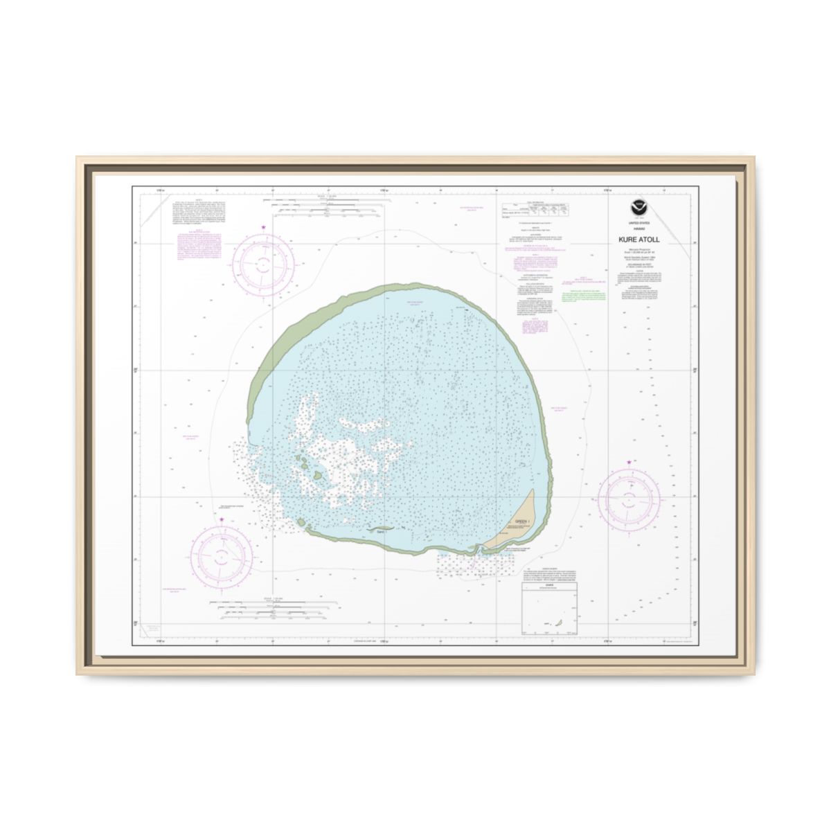 Chart 19483 Hawaii Kure Atoll - NOAA Nautical Chart Floating Frame Canvas | 32" x 24" | 40" x 30" - Natural front
