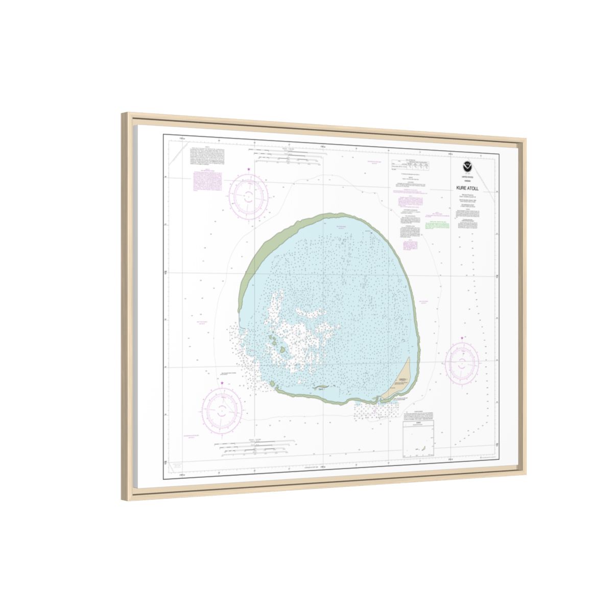 Chart 19483 Hawaii Kure Atoll - NOAA Nautical Chart Floating Frame Canvas | 32" x 24" | 40" x 30" - Natural side