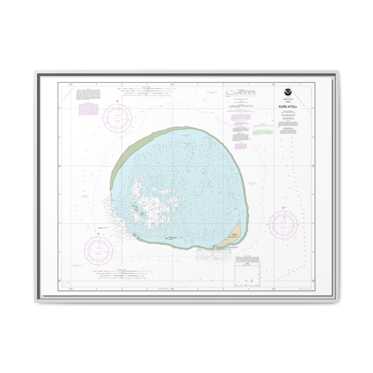 Chart 19483 Hawaii Kure Atoll - NOAA Nautical Chart Floating Frame Canvas | 32" x 24" | 40" x 30" - White front