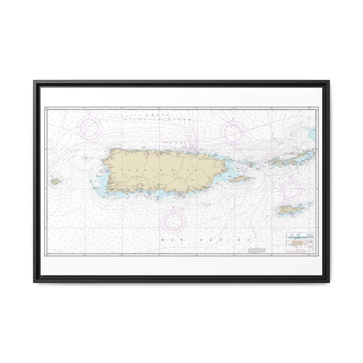 Chart 25640 Puerto Rico and Virgin Islands - NOAA Nautical Chart Floating Frame Canvas | 30" x 20" | 36" x 24" | 48" x 32" - Black front