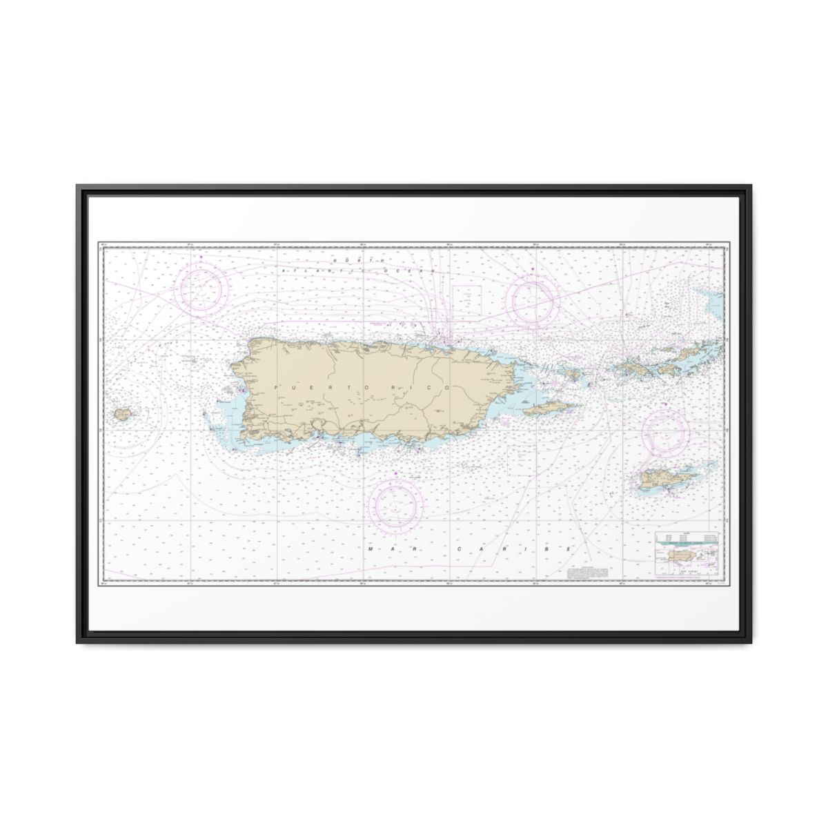 Chart 25640 Puerto Rico and Virgin Islands - NOAA Nautical Chart Floating Frame Canvas | 30" x 20" | 36" x 24" | 48" x 32" - Black front