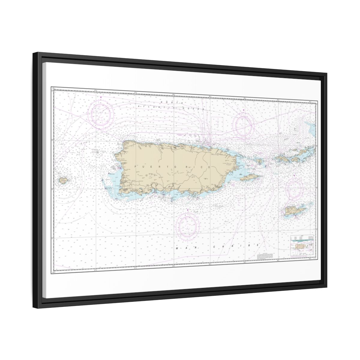Chart 25640 Puerto Rico and Virgin Islands - NOAA Nautical Chart Floating Frame Canvas | 30" x 20" | 36" x 24" | 48" x 32" - Black side