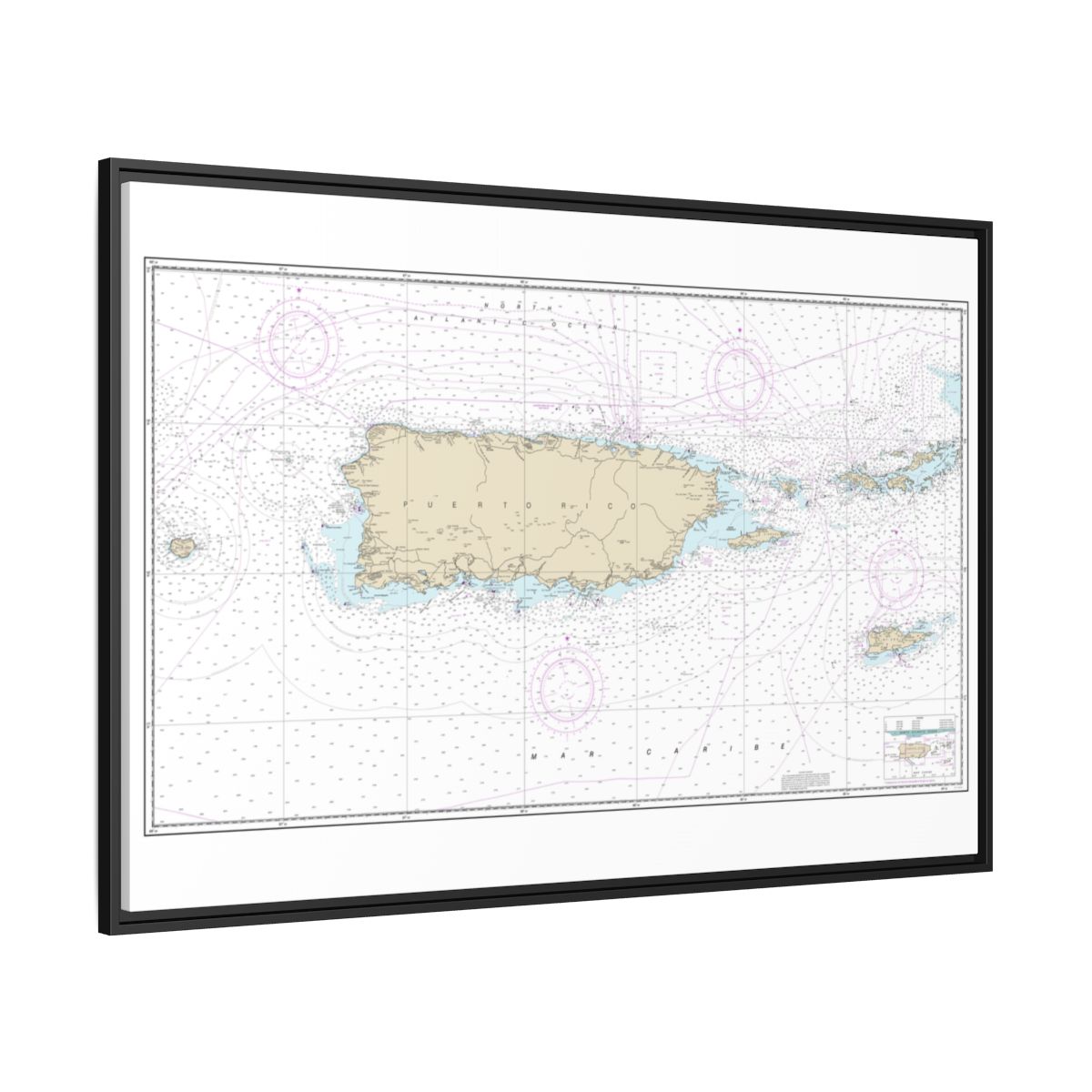 Chart 25640 Puerto Rico and Virgin Islands - NOAA Nautical Chart Floating Frame Canvas | 30" x 20" | 36" x 24" | 48" x 32" - Black side