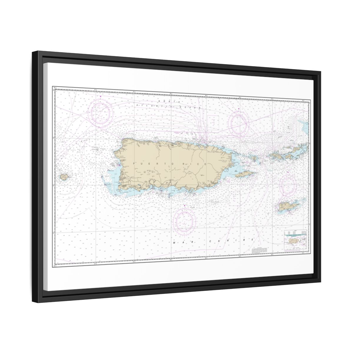 Chart 25640 Puerto Rico and Virgin Islands - NOAA Nautical Chart Floating Frame Canvas | 30" x 20" | 36" x 24" | 48" x 32" - Black side