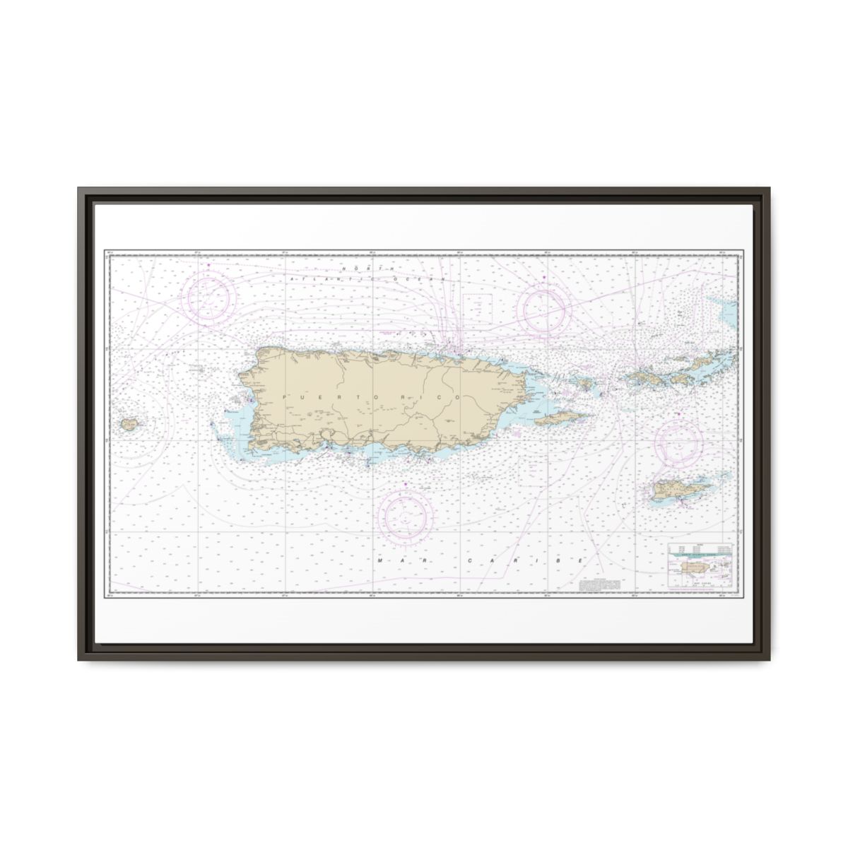 Chart 25640 Puerto Rico and Virgin Islands - NOAA Nautical Chart Floating Frame Canvas | 30" x 20" | 36" x 24" | 48" x 32" - Espresso front