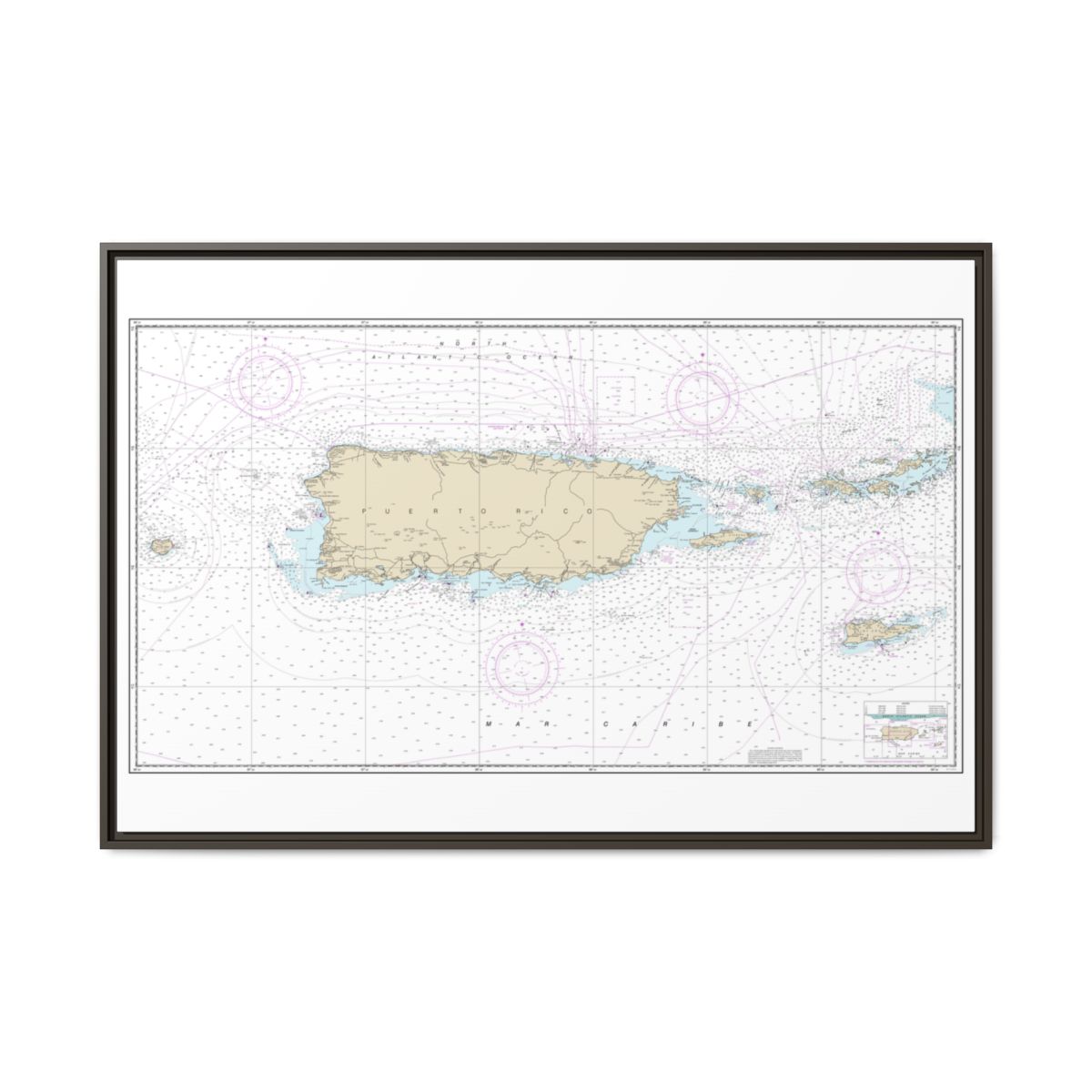 Chart 25640 Puerto Rico and Virgin Islands - NOAA Nautical Chart Floating Frame Canvas | 30" x 20" | 36" x 24" | 48" x 32" - Espresso front