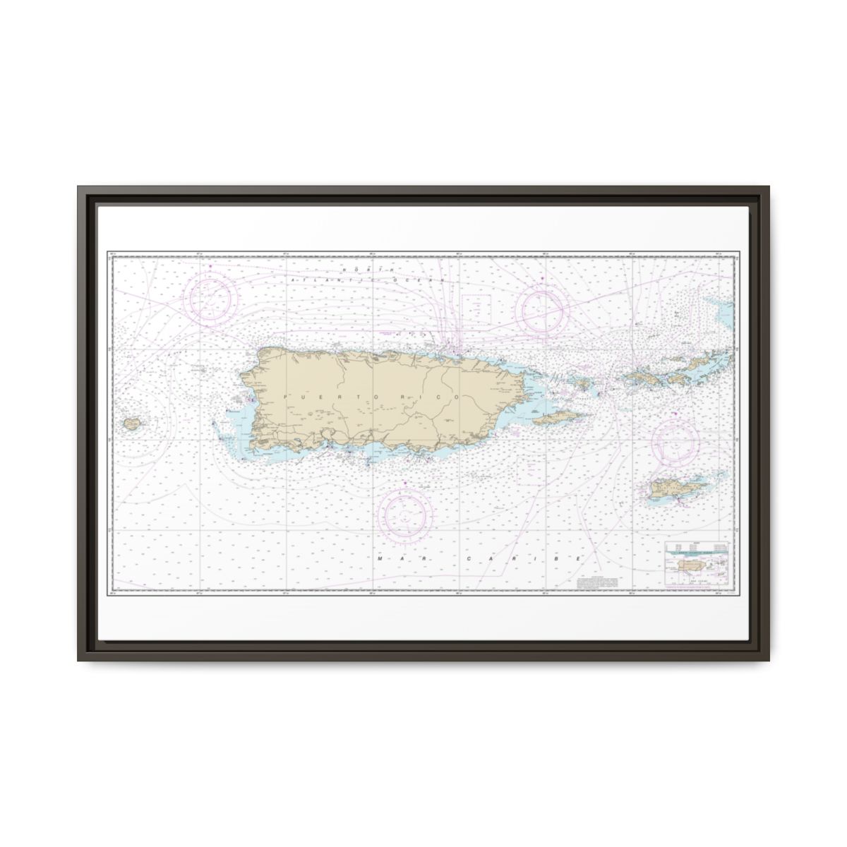 Chart 25640 Puerto Rico and Virgin Islands - NOAA Nautical Chart Floating Frame Canvas | 30" x 20" | 36" x 24" | 48" x 32" - Espresso front