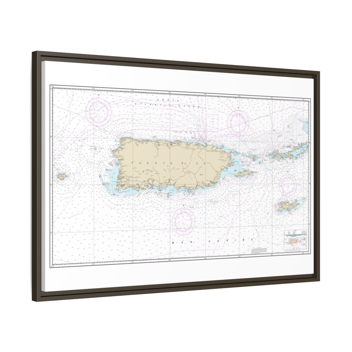 Chart 25640 Puerto Rico and Virgin Islands - NOAA Nautical Chart Floating Frame Canvas | 30" x 20" | 36" x 24" | 48" x 32" - Espresso side