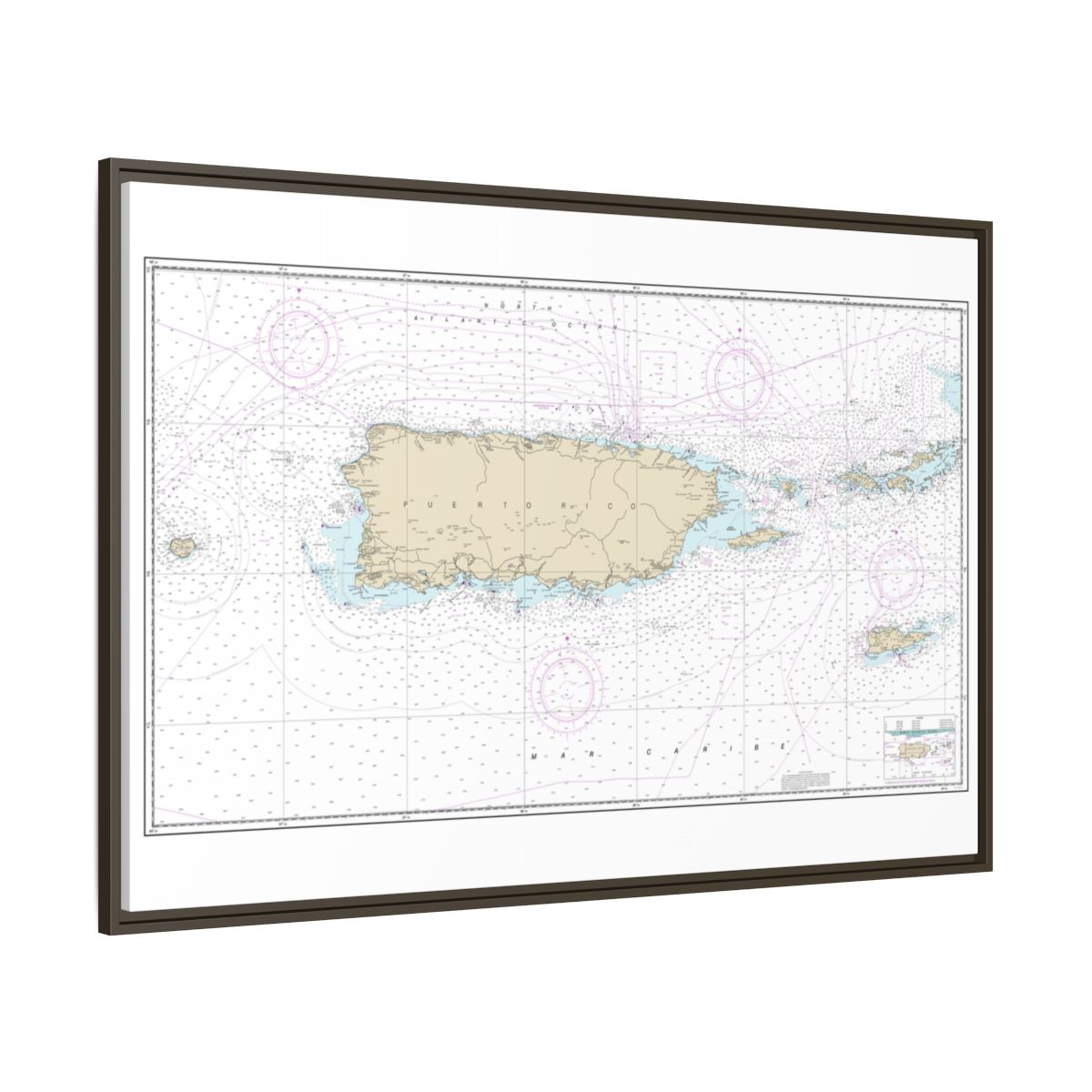 Chart 25640 Puerto Rico and Virgin Islands - NOAA Nautical Chart Floating Frame Canvas | 30" x 20" | 36" x 24" | 48" x 32" - Espresso side