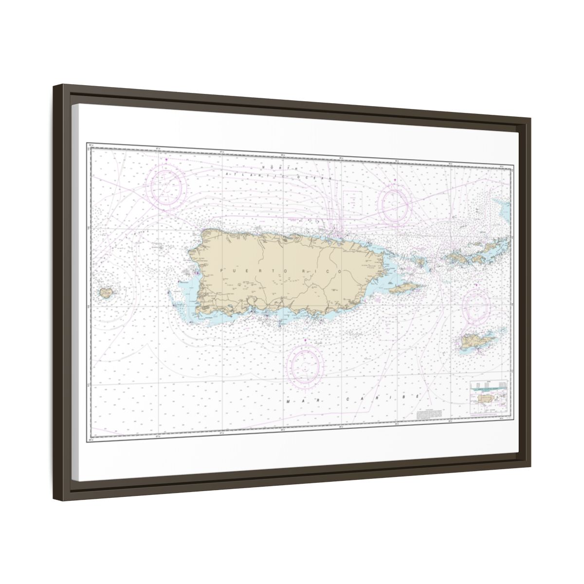 Chart 25640 Puerto Rico and Virgin Islands - NOAA Nautical Chart Floating Frame Canvas | 30" x 20" | 36" x 24" | 48" x 32" - Espresso side