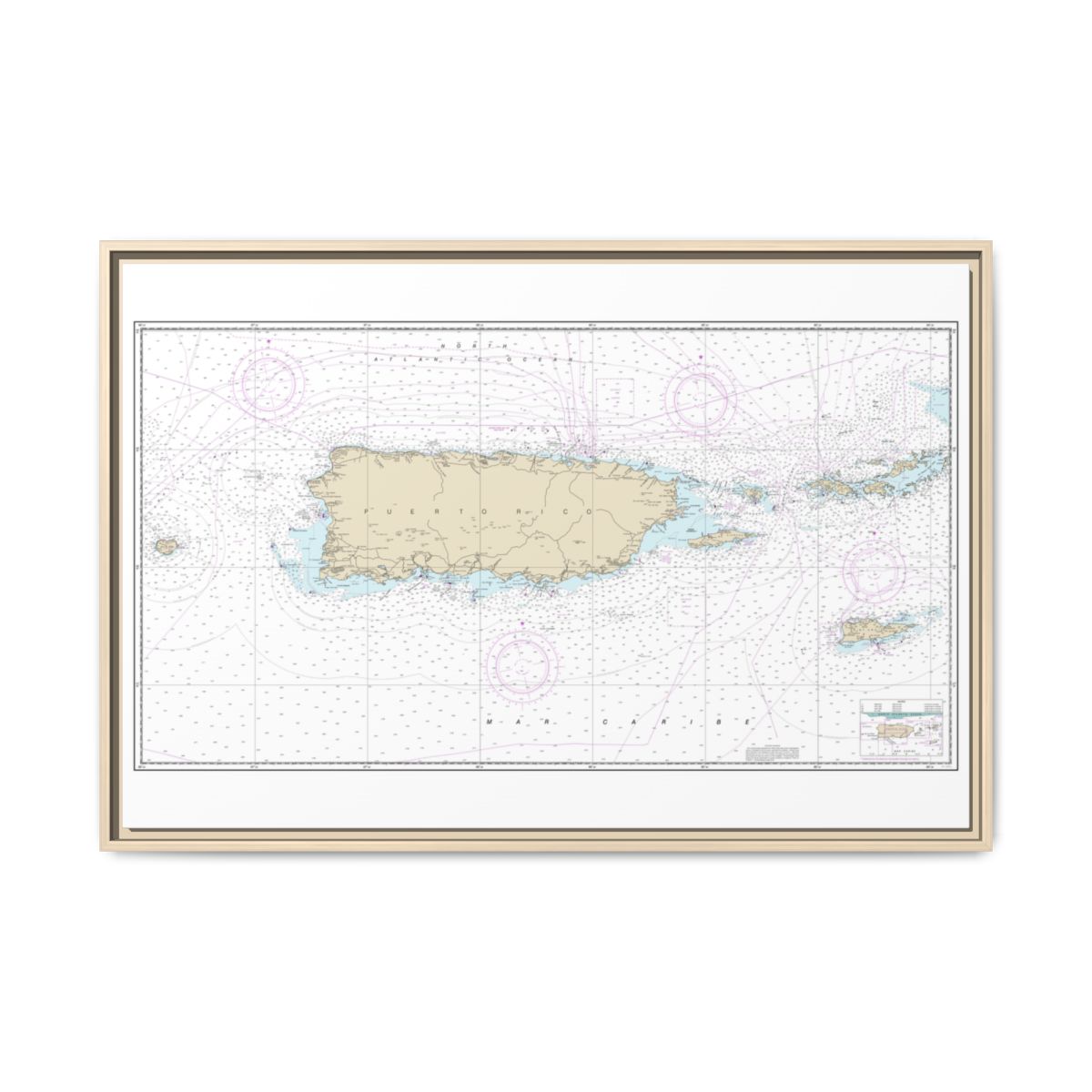 Chart 25640 Puerto Rico and Virgin Islands - NOAA Nautical Chart Floating Frame Canvas | 30" x 20" | 36" x 24" | 48" x 32" - Natural front