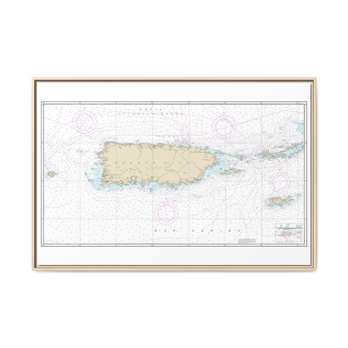 Chart 25640 Puerto Rico and Virgin Islands - NOAA Nautical Chart Floating Frame Canvas | 30" x 20" | 36" x 24" | 48" x 32" - Natural front