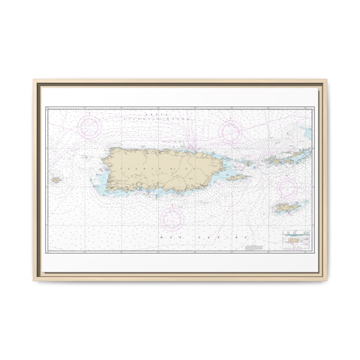 Chart 25640 Puerto Rico and Virgin Islands - NOAA Nautical Chart Floating Frame Canvas | 30" x 20" | 36" x 24" | 48" x 32" - Natural front