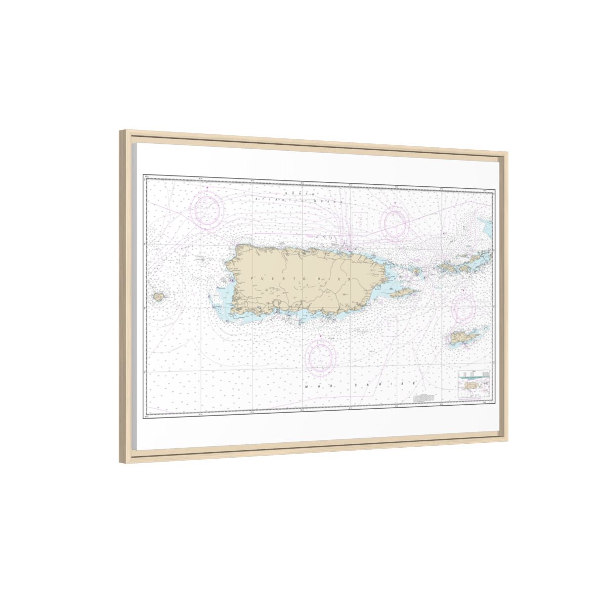Chart 25640 Puerto Rico and Virgin Islands - NOAA Nautical Chart Floating Frame Canvas | 30" x 20" | 36" x 24" | 48" x 32" - Natural side