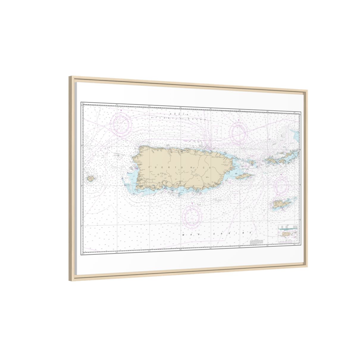 Chart 25640 Puerto Rico and Virgin Islands - NOAA Nautical Chart Floating Frame Canvas | 30" x 20" | 36" x 24" | 48" x 32" - Natural side