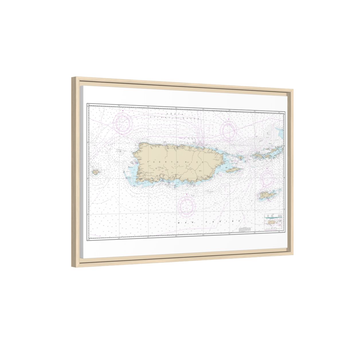 Chart 25640 Puerto Rico and Virgin Islands - NOAA Nautical Chart Floating Frame Canvas | 30" x 20" | 36" x 24" | 48" x 32" - Natural side