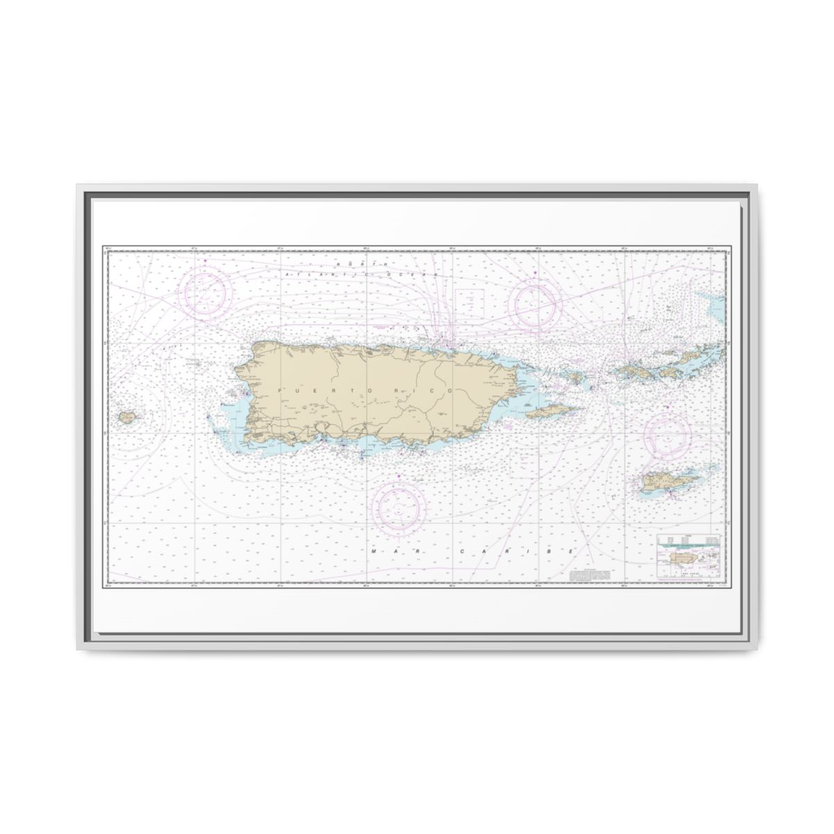 Chart 25640 Puerto Rico and Virgin Islands - NOAA Nautical Chart Floating Frame Canvas | 30" x 20" | 36" x 24" | 48" x 32" - White front