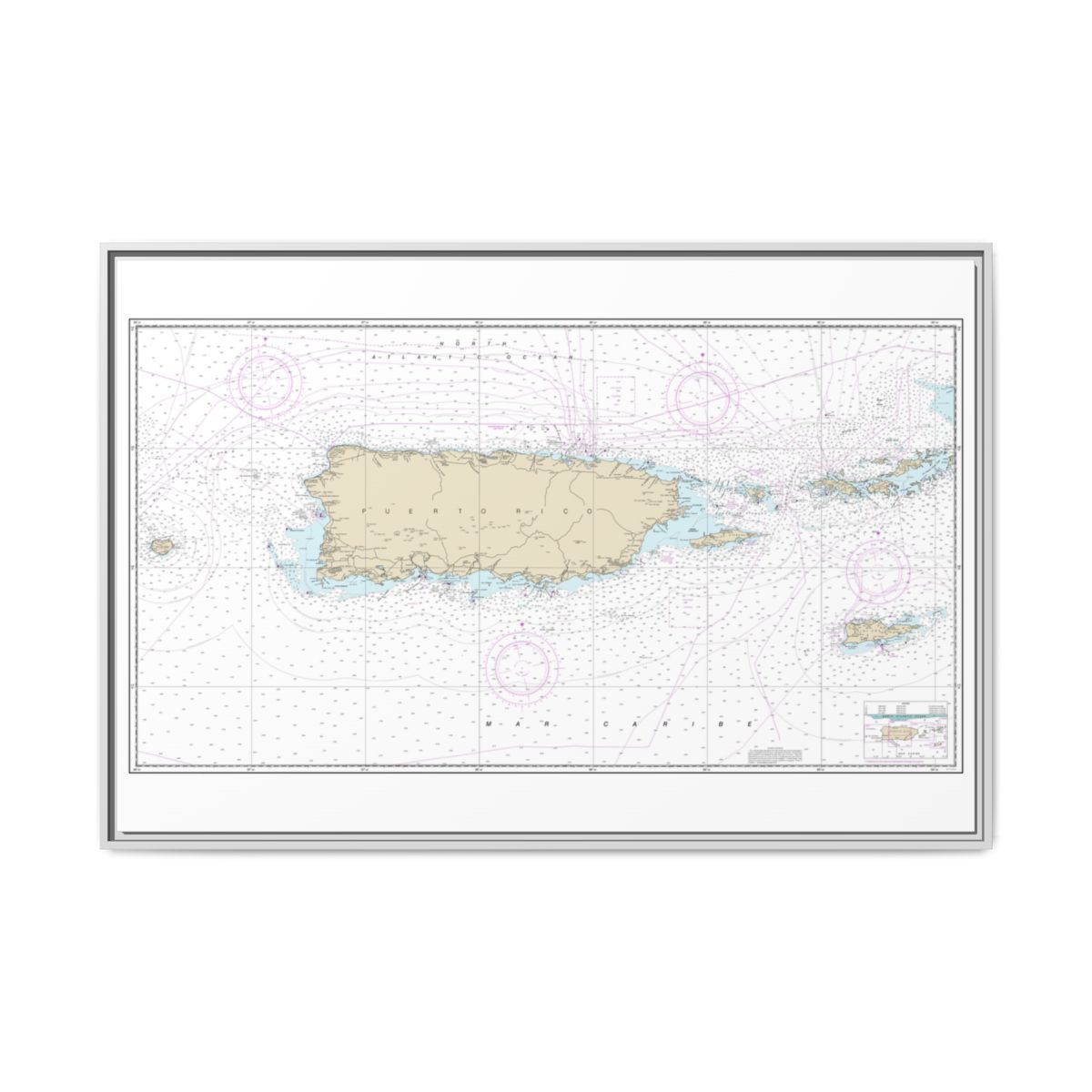 Chart 25640 Puerto Rico and Virgin Islands - NOAA Nautical Chart Floating Frame Canvas | 30" x 20" | 36" x 24" | 48" x 32" - White front