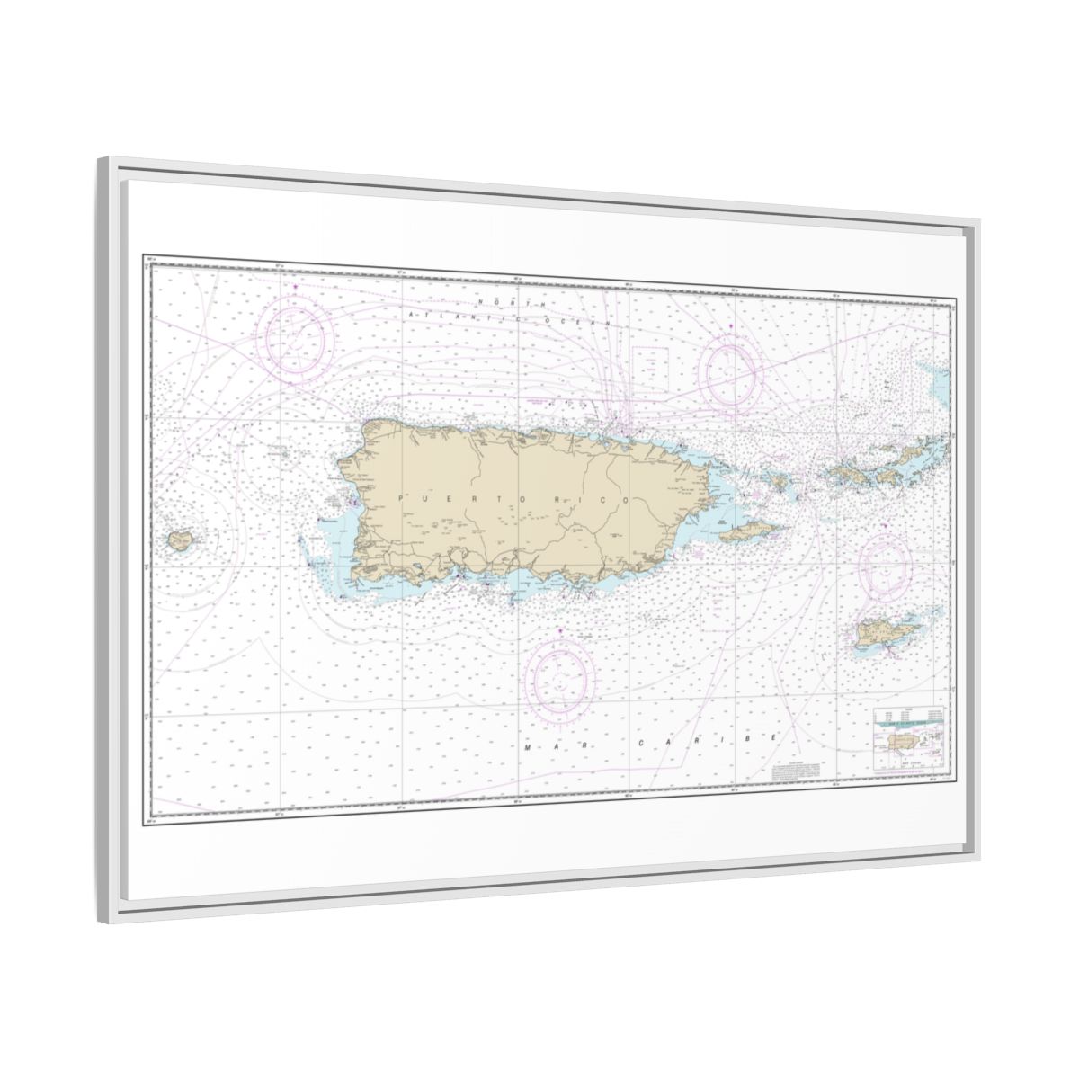 Chart 25640 Puerto Rico and Virgin Islands - NOAA Nautical Chart Floating Frame Canvas | 30" x 20" | 36" x 24" | 48" x 32" - White side