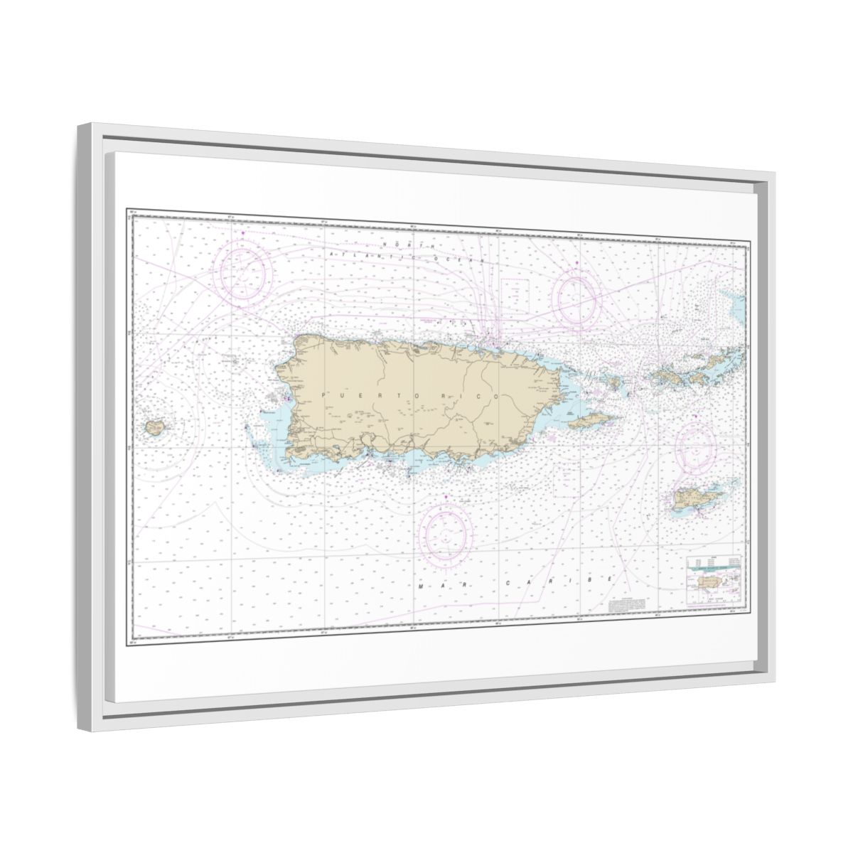 Chart 25640 Puerto Rico and Virgin Islands - NOAA Nautical Chart Floating Frame Canvas | 30" x 20" | 36" x 24" | 48" x 32" - White side