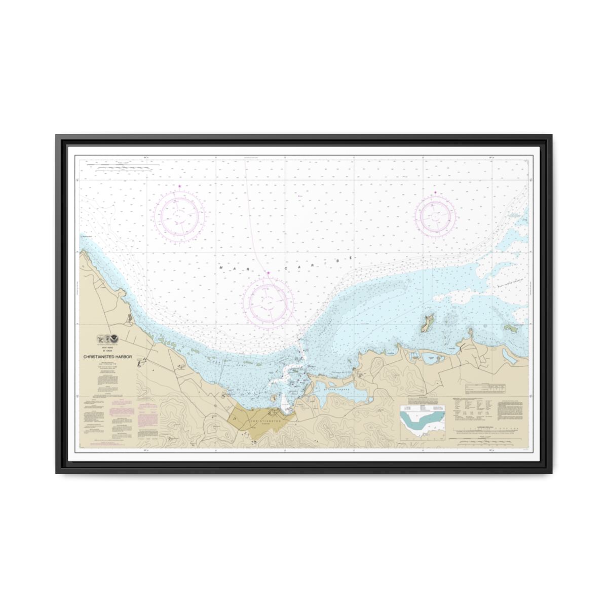 Chart 25645 Christiansted Harbor - NOAA Nautical Chart Floating Frame Canvas | 30" x 20" | 36" x 24" | 48" x 32" - Black front