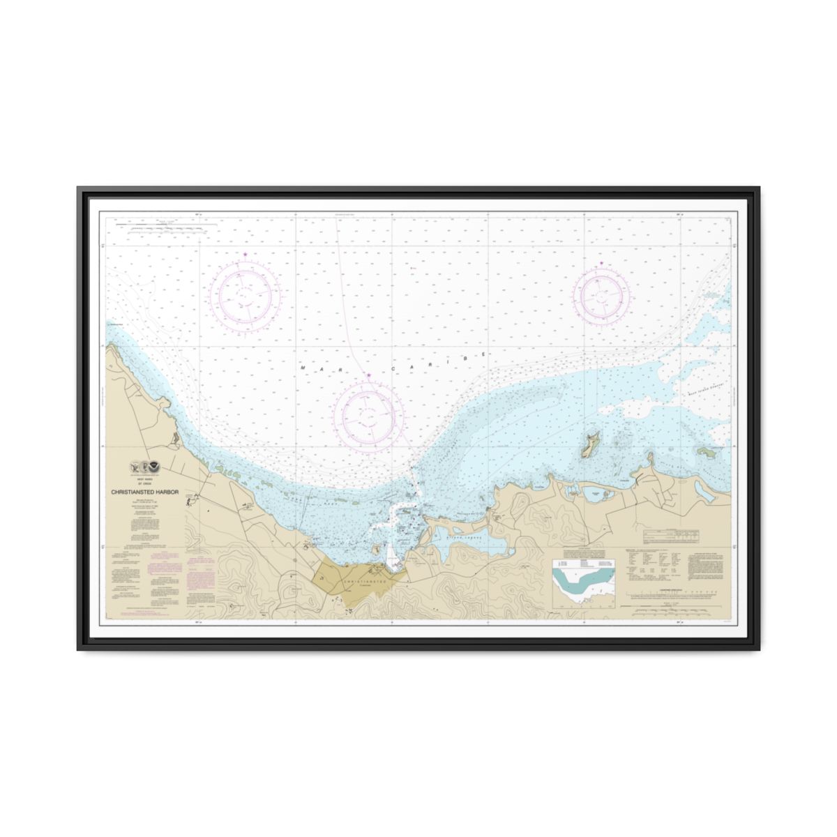 Chart 25645 Christiansted Harbor - NOAA Nautical Chart Floating Frame Canvas | 30" x 20" | 36" x 24" | 48" x 32" - Black front