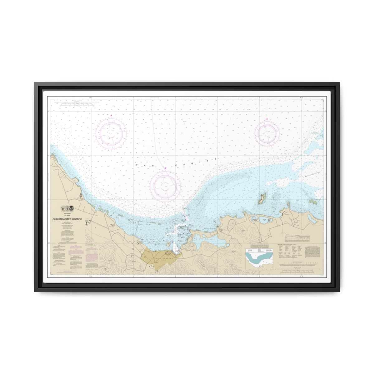 Chart 25645 Christiansted Harbor - NOAA Nautical Chart Floating Frame Canvas | 30" x 20" | 36" x 24" | 48" x 32" - Black front