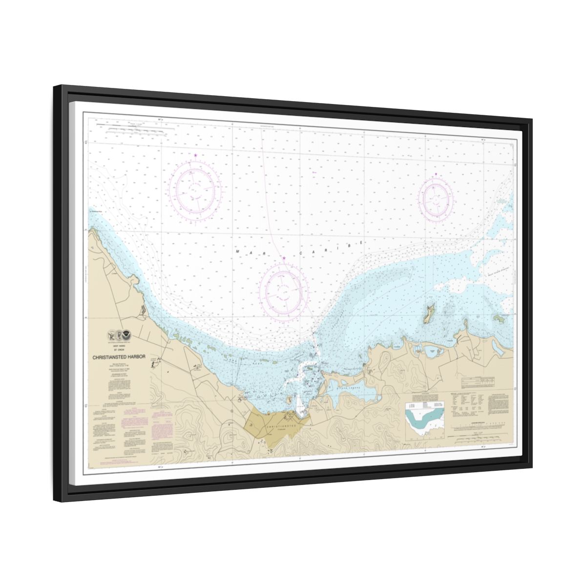 Chart 25645 Christiansted Harbor - NOAA Nautical Chart Floating Frame Canvas | 30" x 20" | 36" x 24" | 48" x 32" - Black side