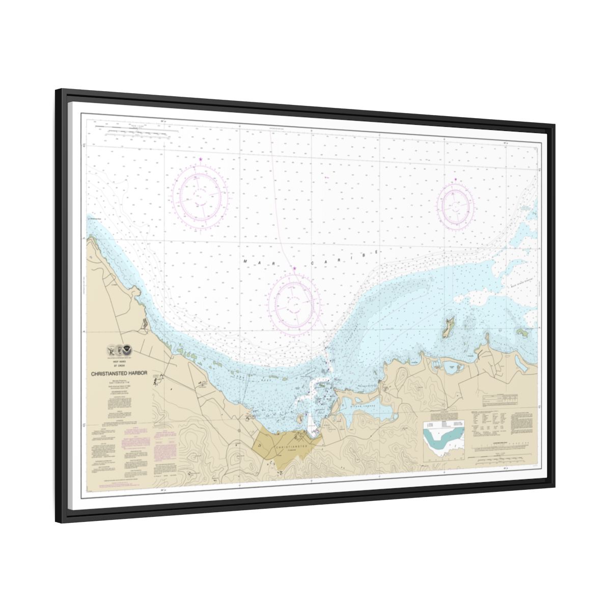 Chart 25645 Christiansted Harbor - NOAA Nautical Chart Floating Frame Canvas | 30" x 20" | 36" x 24" | 48" x 32" - Black side
