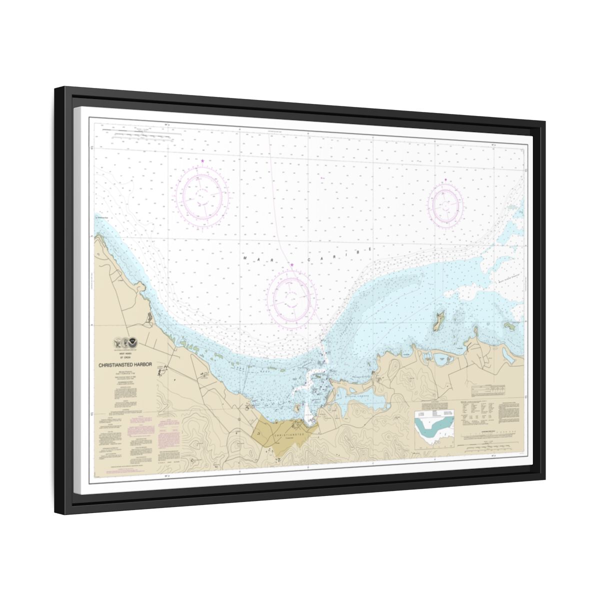 Chart 25645 Christiansted Harbor - NOAA Nautical Chart Floating Frame Canvas | 30" x 20" | 36" x 24" | 48" x 32" - Black side