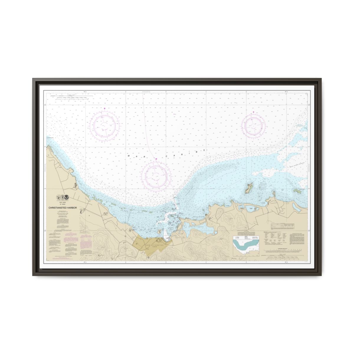 Chart 25645 Christiansted Harbor - NOAA Nautical Chart Floating Frame Canvas | 30" x 20" | 36" x 24" | 48" x 32" - Espresso front