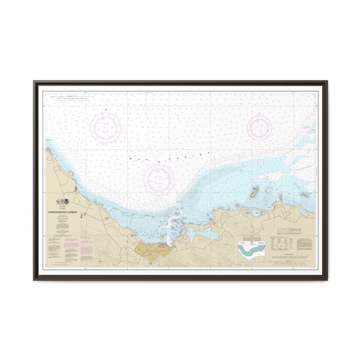 Chart 25645 Christiansted Harbor - NOAA Nautical Chart Floating Frame Canvas | 30" x 20" | 36" x 24" | 48" x 32" - Espresso front