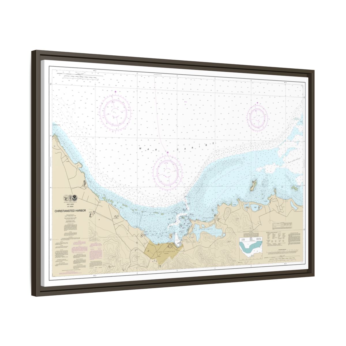 Chart 25645 Christiansted Harbor - NOAA Nautical Chart Floating Frame Canvas | 30" x 20" | 36" x 24" | 48" x 32" - Espresso side