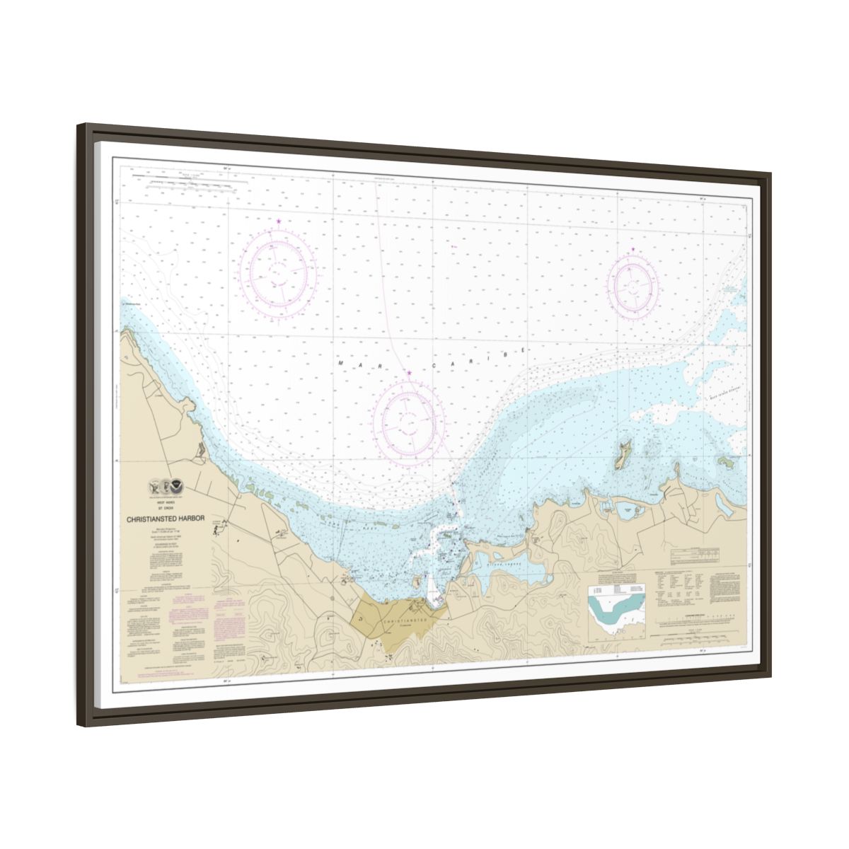 Chart 25645 Christiansted Harbor - NOAA Nautical Chart Floating Frame Canvas | 30" x 20" | 36" x 24" | 48" x 32" - Espresso side