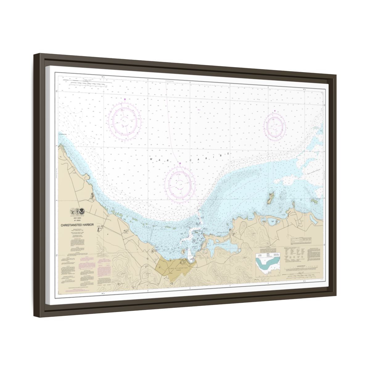 Chart 25645 Christiansted Harbor - NOAA Nautical Chart Floating Frame Canvas | 30" x 20" | 36" x 24" | 48" x 32" - Espresso side