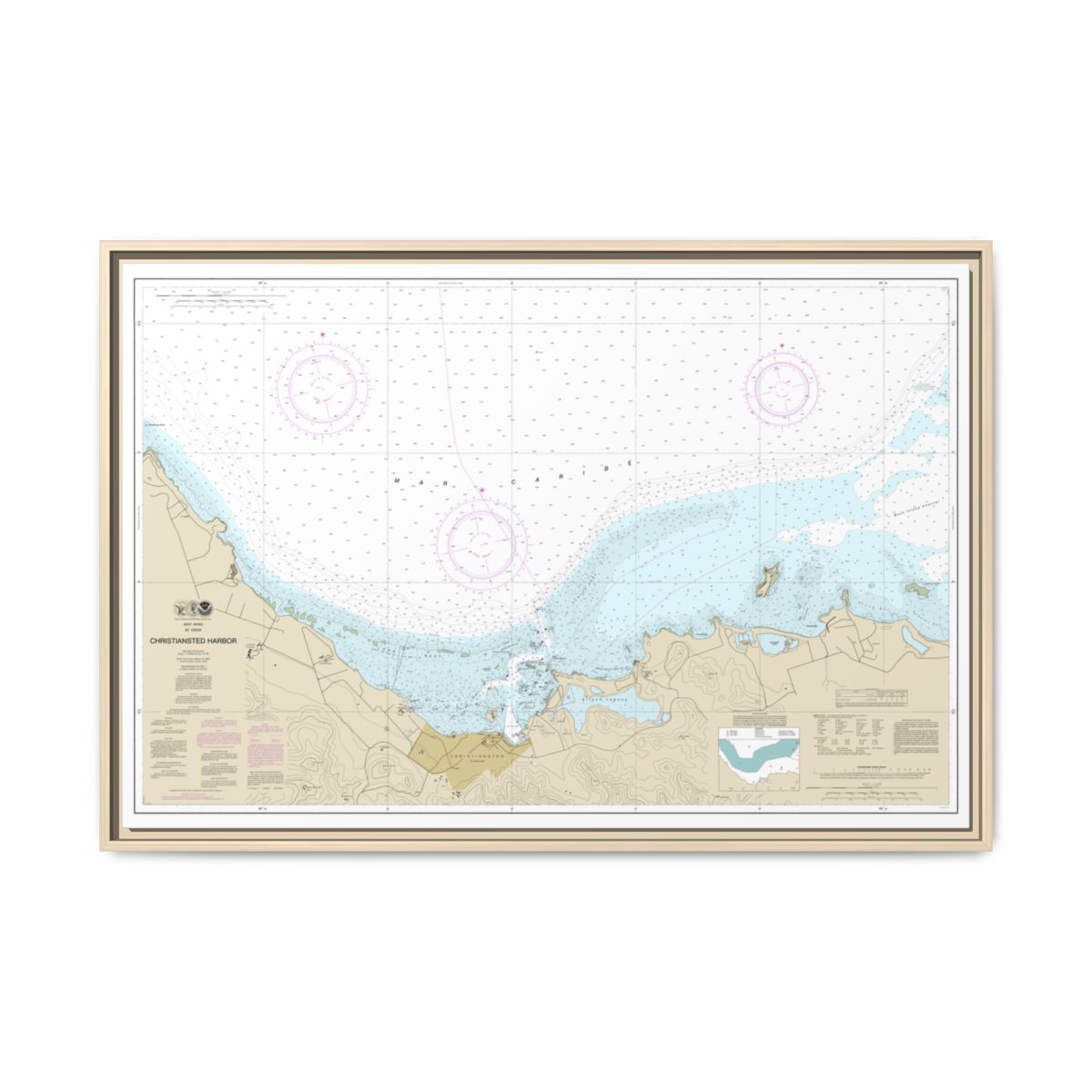Chart 25645 Christiansted Harbor - NOAA Nautical Chart Floating Frame Canvas | 30" x 20" | 36" x 24" | 48" x 32" - Natural front